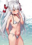  1girl alternate_costume amatsukaze_(kancolle) arms_behind_back bangs bare_arms bare_legs bare_shoulders bikini blush breasts brown_eyes choker closed_mouth commentary cowboy_shot front-tie_bikini front-tie_top hair_between_eyes hair_tubes highres kantai_collection long_hair navel revision side-tie_bikini skindentation small_breasts solo string_bikini swimsuit takanashi_kei_(hitsujikan) two_side_up water white_bikini white_hair 