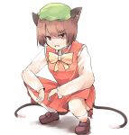  1girl animal_ears bow bowtie breasts brown_eyes brown_hair cat_ears cat_tail chen dress fang full_body ginnkei gold_trim hat highres jewelry looking_at_viewer mob_cap multiple_tails nekomata open_mouth red_dress short_hair simple_background single_earring slav_squatting small_breasts solo tail touhou two_tails white_background yellow_neckwear 