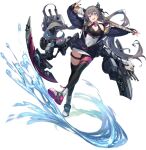  1girl :d azur_lane bare_shoulders baseball_bat black_legwear blue_jacket bow bright_pupils covered_navel dress floating_hair full_body grey_hair hair_bow hair_horns head_tilt highres holding jacket long_hair long_sleeves looking_at_viewer machinery multicolored_hair off_shoulder official_art open_clothes open_jacket open_mouth outstretched_arms pink_eyes san_francisco_(azur_lane) shoes single_leg_pantyhose single_thighhigh sleeveless sleeveless_dress smile solo streaked_hair thigh-highs thigh_strap transparent_background turret twintails very_long_hair water white_dress white_footwear 