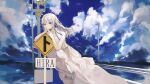  1girl absurdres bangs blue_eyes blue_ribbon blue_sky clouds cloudy_sky dress grey_hair hands_up highres huge_filesize long_hair looking_at_viewer mile_(mil2) original ribbon shadow sign sky sleeveless sleeveless_dress solo white_dress 