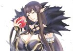  1girl apple bangs breasts dress eating fate/grand_order fate_(series) food fruit hair_between_eyes highres holding holding_food holding_fruit hoshi_rasuku jewelry large_breasts long_hair looking_at_viewer necklace open_mouth pointy_ears semiramis_(fate) simple_background solo upper_body very_long_hair white_background yellow_eyes 