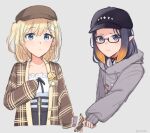  2girls alternate_costume baseball_cap black_headwear black_skirt blue_eyes brown_headwear cropped_torso earrings glasses grey_hoodie hat heart heart_earrings high-waist_skirt highres hololive hololive_english hood hoodie jewelry looking_at_viewer multiple_girls ninomae_ina&#039;nis official_alternate_costume orinte parted_lips short_sidetail side_ponytail skirt sleeve_pull upper_body virtual_youtuber watson_amelia yuri 