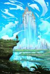  1boy absurdres anato_finnstark blonde_hair blue_sky castle clouds cloudy_sky commentary day english_commentary facing_away from_behind grass highres huge_filesize link outdoors scenery shield sky solo standing the_legend_of_zelda very_wide_shot 