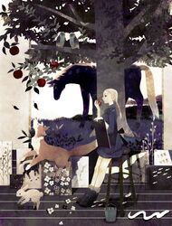  1girl animal apple apple_tree bird black_dress black_footwear black_neckwear blonde_hair boots braid bucket canvas_(object) collared_dress dog dress eating fish flower food from_side fruit grass highres holding holding_food holding_fruit horse leaf long_hair long_sleeves nail neck_ribbon original owl painting_(object) rabbit ribbon sitting sleeves_rolled_up snake socks solo stool tono_(rt0no) tree 