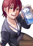  1girl absurdres alcohol beer blush breasts collarbone hair_between_eyes han_soo-min_(hanny) hanny_(uirusu_chan) highres looking_at_viewer open_mouth original pencil_skirt redhead shirt short_hair skirt small_breasts smile solo tekken tekken_7 white_background 