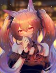  1girl 3_(sanyako1) absurdres angelina_(arknights) animal_ear_fluff animal_ears arknights bare_shoulders black_bow black_dress blush bow breasts brown_hair closed_mouth collarbone dress fox_ears gradient_hair hair_bow hand_up highres holding holding_hair long_hair looking_at_viewer multicolored_hair off-shoulder_dress off_shoulder purple_hair red_eyes sidelocks small_breasts smile solo twintails upper_body wristband 