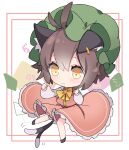  1girl :3 animal_ear_fluff animal_ears antenna_hair bow bowtie brown_hair cat_ears cat_tail chen chibi dress full_body gold_trim hall_jion hat highres jewelry light_blush mob_cap multiple_tails nekomata red_dress short_hair simple_background single_earring solo tail touhou two_tails yellow_eyes yellow_neckwear 