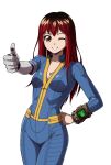  absurdres cosplay epica-chan erica_naito fallout_(series) fallout_3 highres jumpsuit long_hair mechanical_arms mechanical_parts original pip_boy redhead single_mechanical_arm 