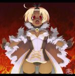 1girl amasa_mitsunaru ass_visible_through_thighs bangs black_panties blonde_hair breasts brown_cape brown_dress brown_gloves brown_legwear cape commentary_request cowboy_shot dark-skinned_female dark_skin dress eyebrows_visible_through_hair fang fingerless_gloves fire fur-trimmed_cape fur-trimmed_gloves fur_trim gloves hair_pulled_back high_wizard_(ragnarok_online) letterboxed looking_at_viewer medium_breasts open_mouth panties pointy_ears ragnarok_online red_eyes short_dress short_hair solo strapless strapless_dress thigh-highs two-tone_dress underwear white_dress 