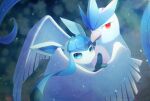  alopias articuno blue_eyes blurry closed_mouth gen_1_pokemon gen_4_pokemon glaceon hug legendary_pokemon looking_to_the_side mixed-language_commentary no_humans paws pokemon pokemon_(creature) repost_notice toes 