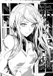  1girl ahoge akamatsu_kaede arms_behind_back bangs breasts collared_shirt commentary_request dangan_ronpa_(series) dangan_ronpa_v3:_killing_harmony greyscale hair_ornament indoors long_hair long_sleeves looking_at_viewer medium_breasts monochrome necktie shirt signature smile solo sweater_vest swept_bangs tcb translation_request upper_body vest 