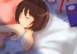  1girl amagami back bare_shoulders blush bob_cut brown_hair chocolate closed_eyes commentary lying murasaki_iro on_bed on_side pillow pillow_hug revision shadow short_hair sleeping solo tachibana_miya 