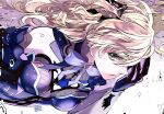  1girl bare_shoulders black_gloves black_ribbon blonde_hair breasts english_commentary fischl_(genshin_impact) genshin_impact gloves green_eyes hair_ribbon hand_up looking_at_viewer medium_breasts parted_lips purple_ribbon qsan90 ribbon solo two_side_up upper_body water_drop 