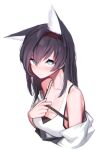  1girl absurdres animal_ears arknights beudelb black_hair blaze_(arknights) blue_eyes blush cat_ears cropped_torso extra_ears hair_between_eyes hairband highres jacket long_hair looking_at_viewer off_shoulder red_hairband shirt simple_background solo strap_pull upper_body white_background white_jacket white_shirt 