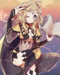  1girl ahoge askm149 bangs blonde_hair bodystocking book breasts bridal_gauntlets circlet closed_mouth fire_emblem fire_emblem_fates grey_eyes highres holding holding_book holding_weapon long_hair looking_at_viewer medium_breasts one_eye_closed ophelia_(fire_emblem) turtleneck upper_body weapon 