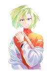  1boy absurdres androgynous green_hair hand_up highres kurokiseow lio_fotia long_sleeves looking_at_viewer parted_lips promare short_hair simple_background smile solo upper_body violet_eyes white_background 