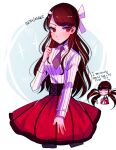  1girl alternate_costume alternate_hairstyle bangs black_legwear blunt_bangs bow breasts brown_hair cropped_legs dangan_ronpa_(series) dangan_ronpa_v3:_killing_harmony english_text eyebrows_visible_through_hair grey_background hair_bow hair_ornament hairclip harukawa_maki highres huyandere long_hair long_sleeves looking_at_another looking_at_viewer medium_breasts mole mole_under_eye multiple_views necktie pantyhose purple_neckwear red_eyes red_scrunchie red_shirt red_skirt scrunchie shirt short_necktie skirt striped striped_shirt twintails white_background white_bow white_shirt 