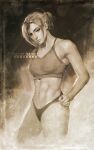  1girl annie_leonhardt bare_arms breasts covered_nipples hand_on_hip highres monochrome nate_artuz navel shingeki_no_kyojin solo standing tank_top toned 