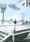  1girl absurdres bandages bare_arms bare_legs bare_shoulders blonde_hair collar fantasy flying_whale forehead ghost green_eyes highres hoshi_rasuku huge_filesize leash leg_belt light_blue_eyes long_hair looking_up nier_(series) nier_reincarnation open_mouth scenery skirt sky solo stairs twintails walking whale 