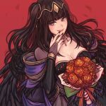  1girl black_dress black_gloves black_hair bouquet breasts bridal_gauntlets bride dress elbow_gloves english_commentary faithom fire_emblem fire_emblem_awakening fire_emblem_heroes flower gloves grey_eyes large_breasts long_hair looking_at_viewer solo tharja_(fire_emblem) tiara two_side_up upper_body 