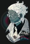  1boy black_shirt blue_eyes choker closed_mouth earrings glasses jewelry looking_at_viewer male_focus necktie original pigeon666 portrait shirt smile solo white-framed_eyewear white_choker white_hair white_neckwear 