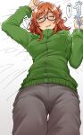  1girl araki_hina breasts closed_eyes covered_nipples drooling glasses highres idolmaster idolmaster_cinderella_girls jacket kaauchi lying medium_breasts medium_hair on_back orange_hair parted_lips sleeping smile solo track_jacket 