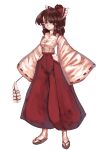  1girl alternate_costume bangs bow brown_eyes brown_hair closed_mouth eyebrows_visible_through_hair frilled_bow frilled_hair_tubes frills gohei hair_bow hair_tubes hakama hakama_pants hakurei_reimu highres hip_vent holding japanese_clothes long_sleeves looking_at_viewer medium_hair miko parted_bangs red_bow red_hakama ribbon-trimmed_sleeves ribbon_trim shiny shiny_hair short_ponytail simple_background solo sunyup tabi touhou traditional_clothes white_background wide_sleeves zouri 