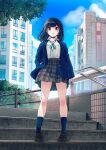  1girl 40hara absurdres bangs black_hair black_legwear blazer blue_sky breasts choker clouds hand_in_pocket highres jacket loafers looking_at_viewer medium_hair open_mouth original pleated_skirt school_uniform shoes skirt sky violet_eyes 