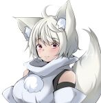  1girl ahoge animal_ear_fluff animal_ears bare_shoulders breasts detached_sleeves highres inubashiri_momiji large_breasts light_smile no_hat no_headwear parted_lips pink_eyes simple_background solo sunaguma tail touhou turtleneck white_background wolf_ears wolf_tail 
