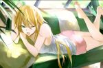  1girl bangs bare_legs bare_shoulders barefoot blonde_hair feet feet_up green_eyes hair_between_eyes highres hoshi_rasuku long_hair lying one_eye_closed open_mouth original pillow plant shorts solo sunlight towel vest window 