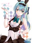 1girl alice_gear_aegis animal_ears blue_bow blue_eyes blue_hair blue_ribbon bow bowtie character_name closed_mouth detached_collar fake_animal_ears hand_on_hip highres kakerayuri looking_at_viewer ochanomizu_mirie playboy_bunny rabbit_ears ribbon smile solo 