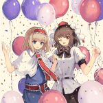  2girls ;d alice_margatroid alternate_hair_color arms_up balloon bangs belt black_neckwear black_skirt blonde_hair blue_dress blue_eyes bow bowtie brown_hair capelet confetti cowboy_shot dress eyebrows_visible_through_hair hairband hat highres holding holding_balloon lolita_hairband looking_at_viewer mixed-language_commentary multiple_girls neck_ribbon one_eye_closed ookashippo open_mouth pom_pom_(clothes) puffy_short_sleeves puffy_sleeves red_eyes red_headwear red_neckwear ribbon sash shameimaru_aya shirt short_hair short_sleeves skirt smile standing tokin_hat touhou untucked_shirt white_background white_capelet white_shirt 