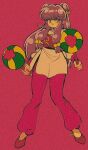  1girl bow breasts chinese_clothes double_bun full_body hair_bow hair_bun pikurusu purple_hair ranma_1/2 red_footwear retro_artstyle shampoo_(ranma_1/2) smile solo yellow_bow 