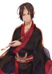  1boy black_hair chinese_lantern_(plant) frown holding holding_pipe hoozuki_no_reitetsu horns japanese_clothes kimono kiseru kobayashi_sakon long_sleeves looking_at_viewer male_focus oni pipe pointy_ears short_hair simple_background single_horn solo wide_sleeves 