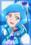  1girl ascot blue_background blue_dress blue_neckwear blue_theme blue_vest brooch cure_fontaine dress earrings eyebrows forehead hair_ornament healin&#039;_good_precure heart heart_hair_ornament highres jewelry long_hair looking_at_viewer magical_girl miyabi_mt-b open_mouth pom_pom_(clothes) pom_pom_earrings portrait precure puffy_short_sleeves puffy_sleeves sawaizumi_chiyu short_sleeves smile solo split_ponytail twitter_username upper_body vest 