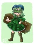  1girl absurdres backpack bag blue_headwear boots camouflage chamaji collar commentary_request eyebrows_visible_through_hair frilled_collar frilled_skirt frills full_body goggles green_eyes green_hair green_skirt hat highres key long_sleeves looking_at_viewer open_mouth pocket pointing signature simple_background skirt skirt_set solo strap touhou yamashiro_takane 