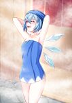  1girl absurdres blue_eyes blue_hair blue_towel cirno fairy_wings highres ice ice_wings older onsen short_hair steam touhou towel wings xanadu_avici 