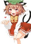  1girl :d animal_ear_fluff animal_ears bad_hand blush bow bowtie brown_hair cat_ears cat_tail chen dress fang foot_out_of_frame gold_trim hat heart jewelry looking_at_viewer mob_cap multiple_tails nekomata open_mouth polpol red_dress red_eyes short_hair simple_background single_earring sketch smile solo standing standing_on_one_leg tail touhou two_tails white_background yellow_neckwear 