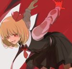  1girl bangs black_dress blonde_hair dress hair_ribbon hands_up highres joniko1110 long_sleeves looking_at_viewer necktie open_mouth red_background red_eyes red_neckwear red_ribbon ribbon rumia short_hair smile solo standing touhou white_background white_sleeves 