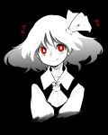  1girl berusuke_(beru_no_su) black_background black_vest blending blush bright_pupils commentary_request cropped_torso floating_hair flying_sweatdrops hair_ribbon looking_at_viewer medium_hair monochrome red_eyes ribbon rumia shirt simple_background smile solo spot_color sweat touhou upper_body vest white_pupils white_shirt 