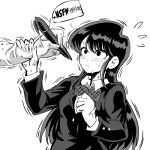  1girl bangs blazer blush bocodamondo bow bowtie closed_mouth collared_shirt greyscale highres holding holding_pen jacket komi-san_wa_komyushou_desu komi_shouko long_hair long_sleeves monochrome pen shirt simple_background solo_focus sweat sweating_profusely upper_body white_background wrist_grab 