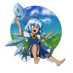  1girl :d bangs barefoot blue_dress blue_eyes blue_hair blush cirno dark-skinned_female dark_skin dress eyebrows_visible_through_hair flower frog giantcavemushroom hidden_star_in_four_seasons highres ice ice_wings morning_glory open_mouth pinafore_dress plant red_ribbon ribbon short_hair smile solo sunflower touhou transparent_background twitter_username vines wings 