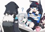 1boy 1other 3girls :3 :d ? animal_ears arknights bangs black_cape black_footwear black_gloves black_hair black_jacket blaze_(arknights) blue_eyes boots brown_background cape cat_ears chibi closed_mouth colored_eyelashes commentary_request computer cup doctor_(arknights) error_message eyebrows_visible_through_hair fang fur-trimmed_cape fur_trim gloves green_eyes grey_hair hairband hood hood_up hooded_jacket jacket laptop lying melantha_(arknights) minigirl mug multiple_girls on_side open_clothes open_jacket open_mouth parted_lips paw_gloves paws purple_hair red_hairband rosmontis_(arknights) shirt shoe_soles silverash_(arknights) simple_background smile someyaya sweat thick_eyebrows violet_eyes white_jacket white_shirt