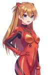  1girl bangs blue_eyes blush bodysuit long_hair neon_genesis_evangelion number open_mouth orange_hair plugsuit rebuild_of_evangelion red_bodysuit redhead simple_background smile solo souryuu_asuka_langley 