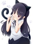  animal_ears black_hair black_skirt blouse blush cat_ears cat_tail collar frilled_blouse frilled_collar frilled_skirt frills gokou_ruri heart heart_hands highres hime_cut long_hair mole mole_under_eye motokazu_(dontokodon) ore_no_imouto_ga_konna_ni_kawaii_wake_ga_nai paw_print paw_print_background red_eyes ribbon skirt sleeveless_blouse tail white_background 