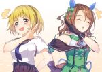  2girls absurdres animal_ears black_gloves black_sailor_collar black_skirt blonde_hair brown_hair closed_eyes crossover eyebrows_visible_through_hair fang gloves highres higurashi_no_naku_koro_ni horse_ears horse_girl houjou_satoko king_halo_(umamusume) long_hair multiple_girls open_mouth pizza_(artist) pleated_skirt sailor_collar school_uniform serafuku short_hair short_sleeves skin_fang skirt smile umamusume upper_body violet_eyes 