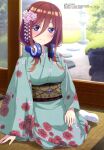  1girl absurdres bangs blue_eyes blurry blurry_background blush brown_hair fence floral_print flower garden go-toubun_no_hanayome green_kimono hair_between_eyes hair_flower hair_ornament headphones headphones_around_neck highres japanese_clothes kimono long_bangs long_hair long_sleeves looking_at_viewer megami_magazine nakano_miku official_art print_kimono scan sitting smile solo stone_lantern tatami tree white_legwear wide_sleeves window wooden_fence 