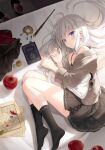  1girl ahoge apple azuuru black_legwear black_skirt blue_eyes book boots boots_removed elaina_(majo_no_tabitabi) food fruit highres long_hair looking_at_viewer lying majo_no_tabitabi off_shoulder on_side silver_hair skirt socks wand 