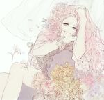  1girl armchair bracelet chair elizabeth_(pigeon666) flower hair_flower hair_ornament hand_up happy highres jewelry long_hair looking_at_viewer original pigeon666 pink_hair ring sitting sitting_sideways smile solo violet_eyes yellow_flower 