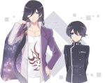  2boys alternate_hairstyle bangs black_hair black_jacket blue_eyes breast_pocket buttons collarbone cropped_torso dangan_ronpa_(series) dangan_ronpa_v3:_killing_harmony double-breasted eyebrows_visible_through_hair frown grey_background hair_over_shoulder hair_ribbon jacket juugonichi_(wheeliex2) long_hair long_sleeves looking_to_the_side male_focus momota_kaito multiple_boys one_eye_closed open_clothes open_jacket open_shirt pink_jacket pocket ponytail print_shirt red_ribbon ribbon saihara_shuuichi shirt short_hair space_print starry_sky_print striped_jacket translation_request upper_body white_shirt 